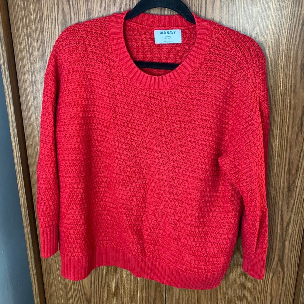 Old Navy Sweater Womens L Petite Red Tunic Length Waffle Knit Crewneck‎ Cotton